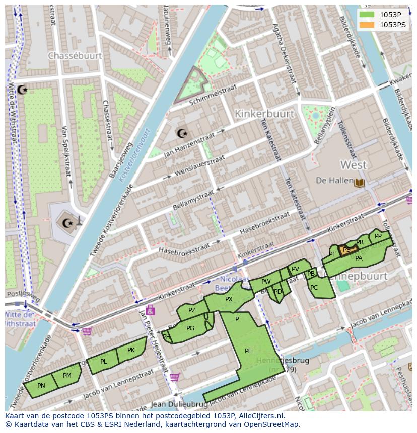 Afbeelding van het postcodegebied 1053 PS op de kaart.