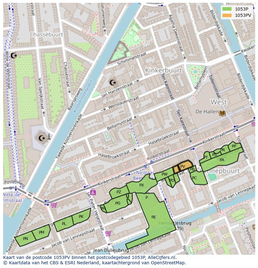 Afbeelding van het postcodegebied 1053 PV op de kaart.