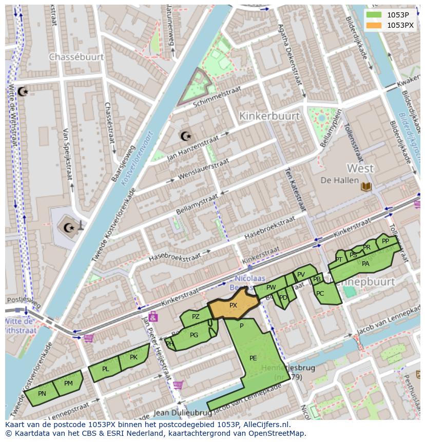 Afbeelding van het postcodegebied 1053 PX op de kaart.