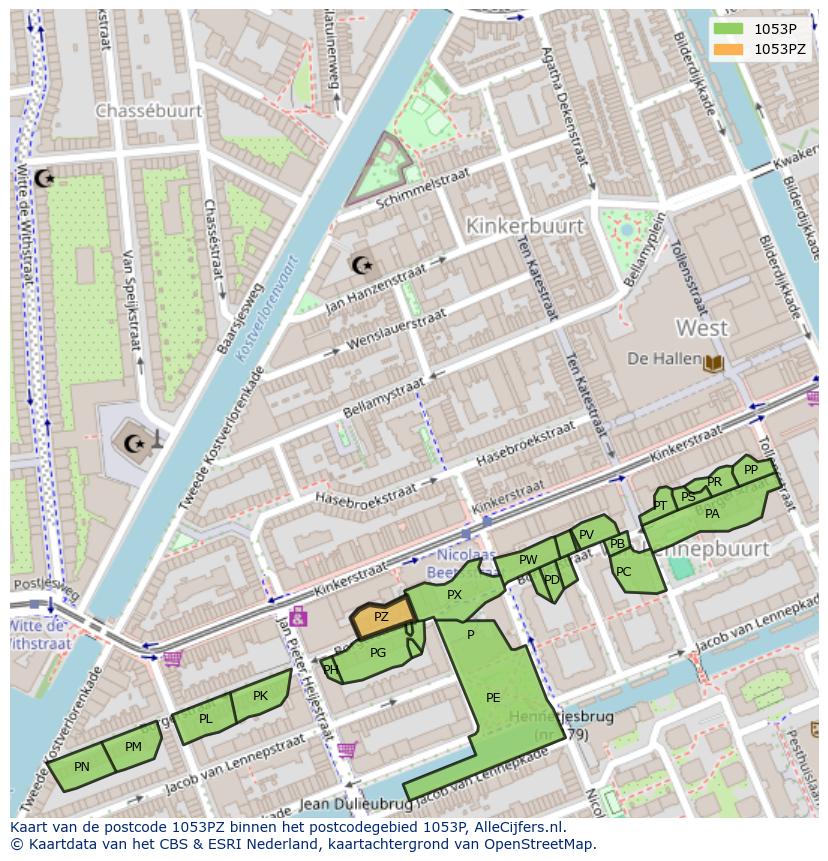 Afbeelding van het postcodegebied 1053 PZ op de kaart.