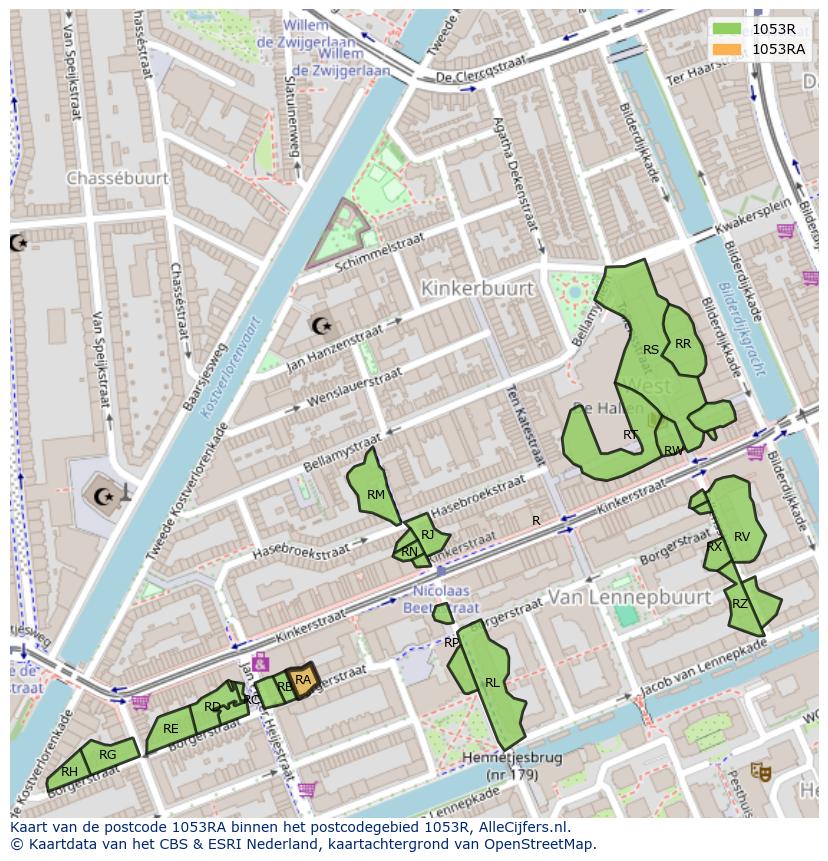 Afbeelding van het postcodegebied 1053 RA op de kaart.