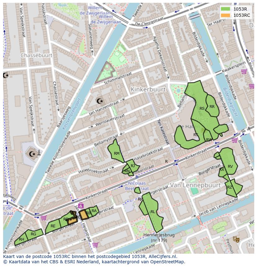 Afbeelding van het postcodegebied 1053 RC op de kaart.