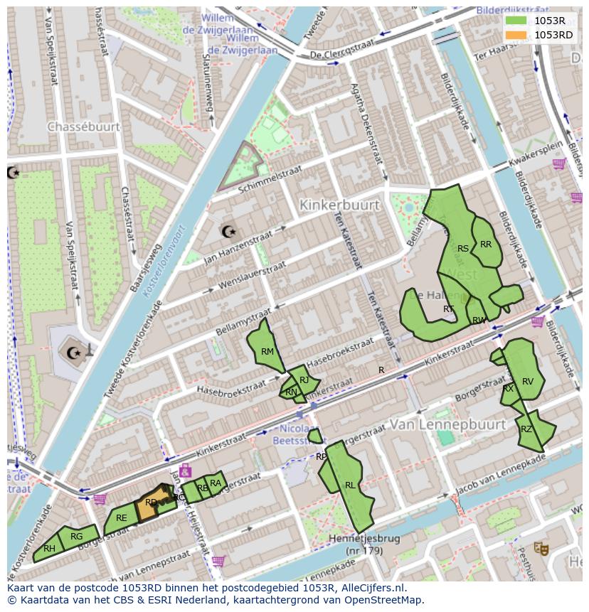 Afbeelding van het postcodegebied 1053 RD op de kaart.