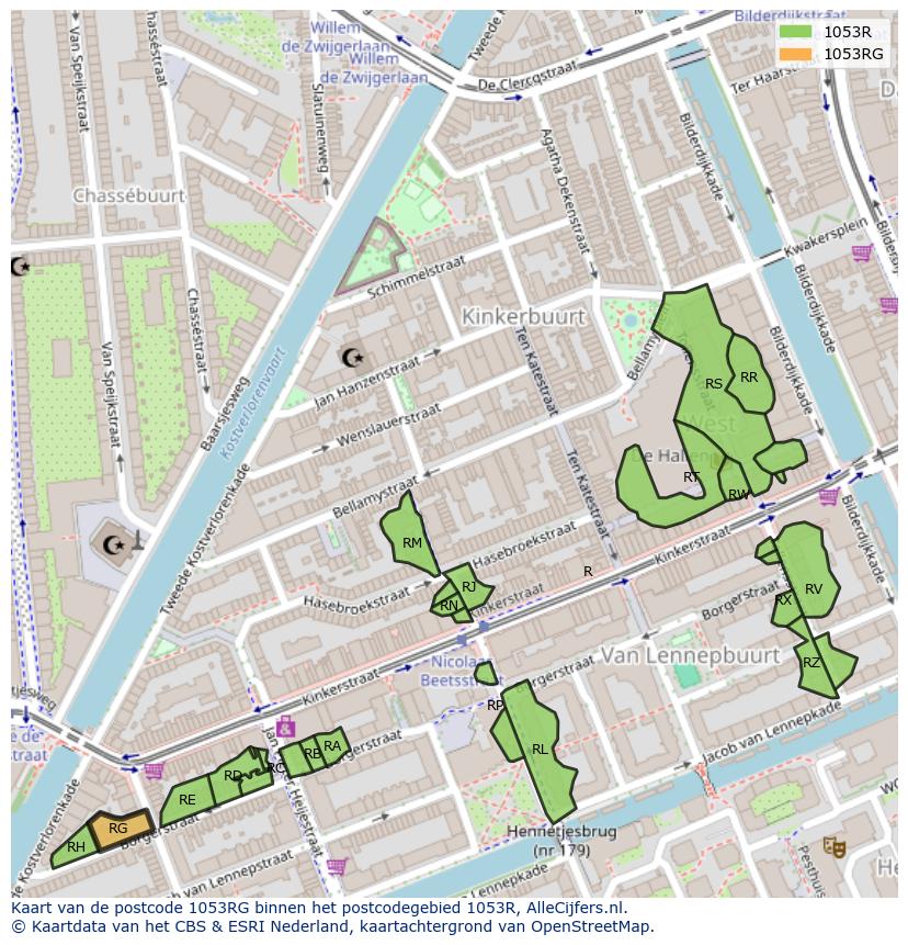 Afbeelding van het postcodegebied 1053 RG op de kaart.