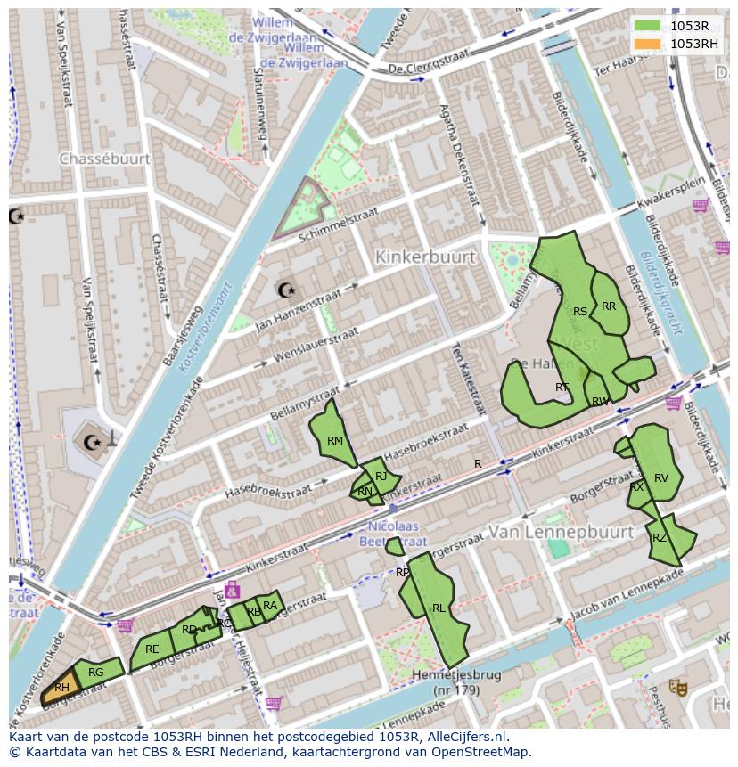 Afbeelding van het postcodegebied 1053 RH op de kaart.