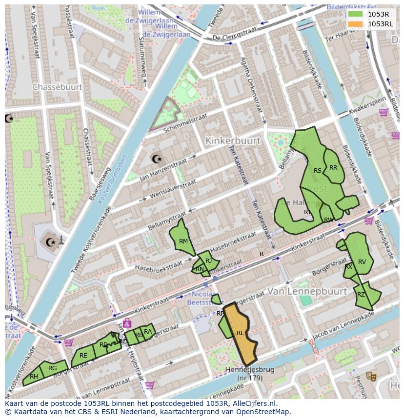 Afbeelding van het postcodegebied 1053 RL op de kaart.