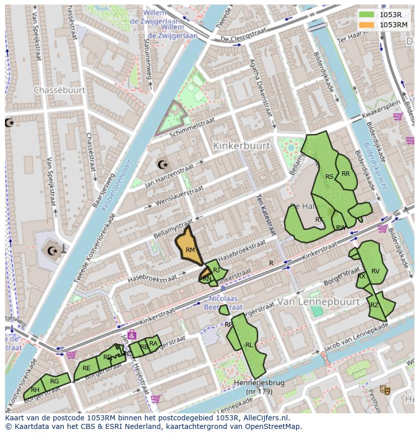Afbeelding van het postcodegebied 1053 RM op de kaart.