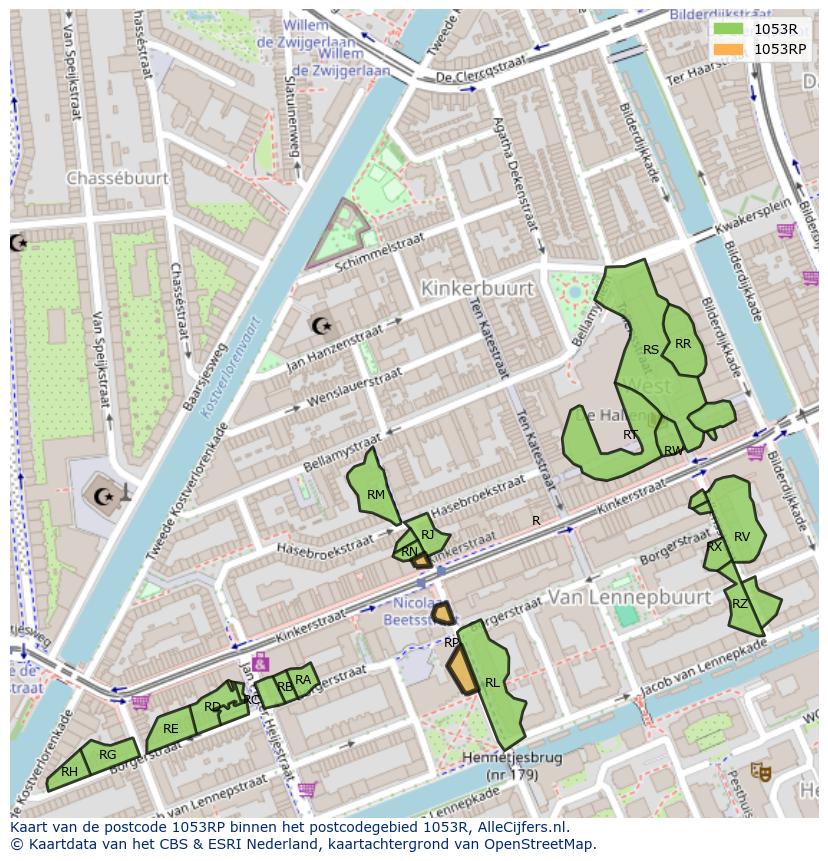 Afbeelding van het postcodegebied 1053 RP op de kaart.