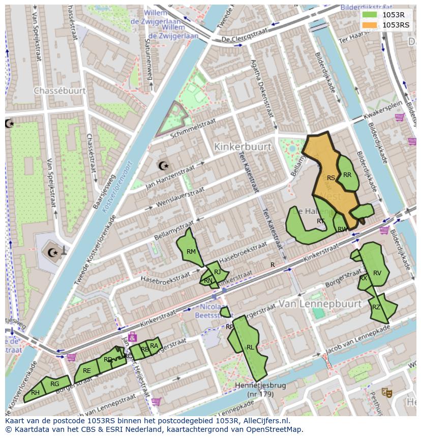 Afbeelding van het postcodegebied 1053 RS op de kaart.