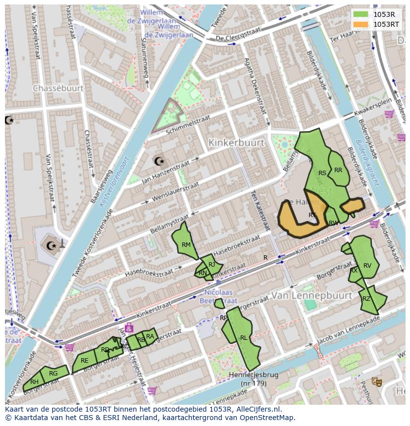 Afbeelding van het postcodegebied 1053 RT op de kaart.