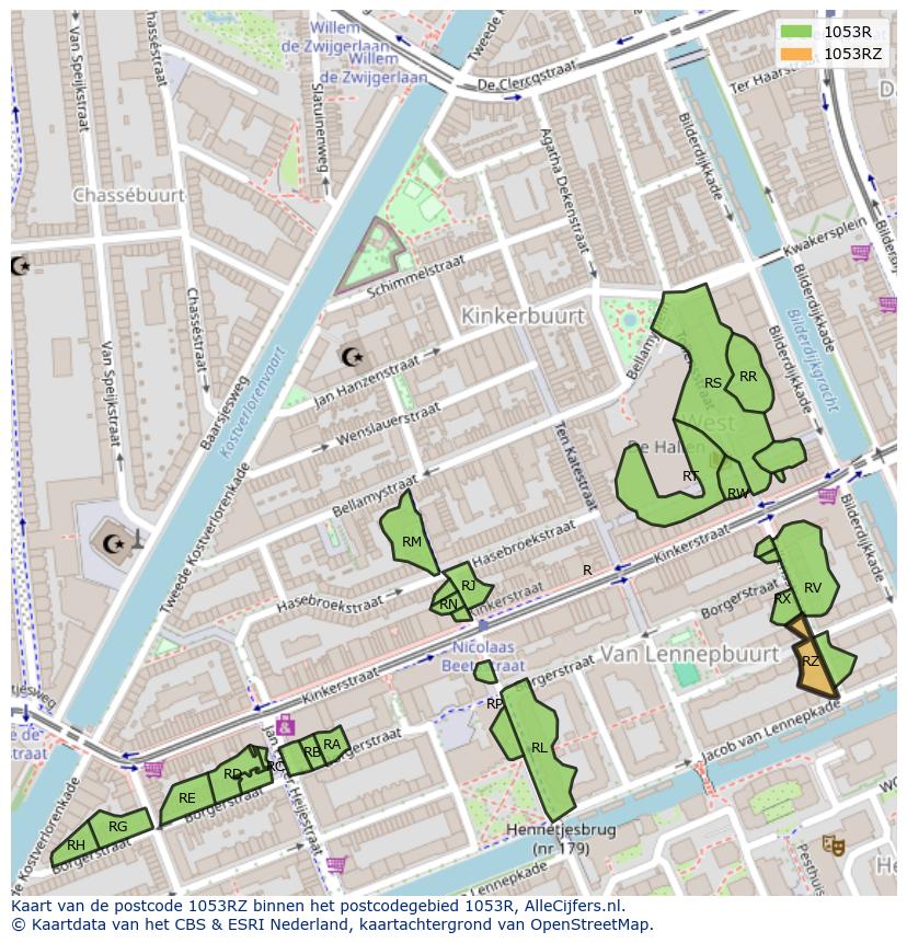 Afbeelding van het postcodegebied 1053 RZ op de kaart.