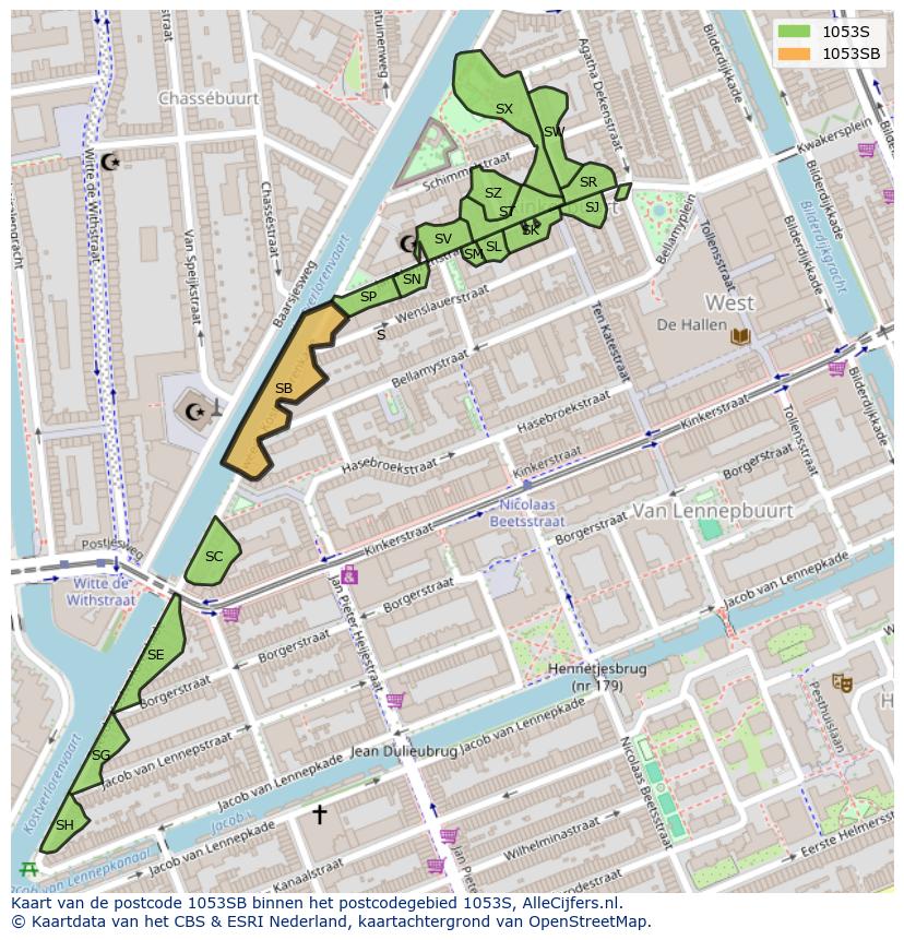 Afbeelding van het postcodegebied 1053 SB op de kaart.