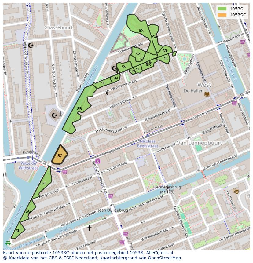 Afbeelding van het postcodegebied 1053 SC op de kaart.