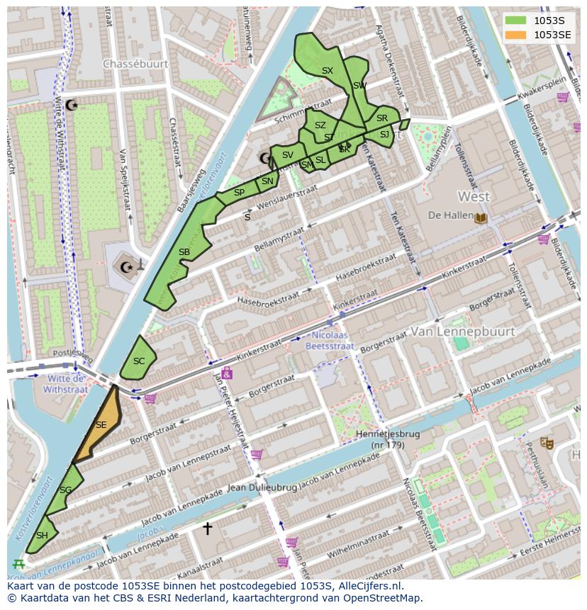 Afbeelding van het postcodegebied 1053 SE op de kaart.