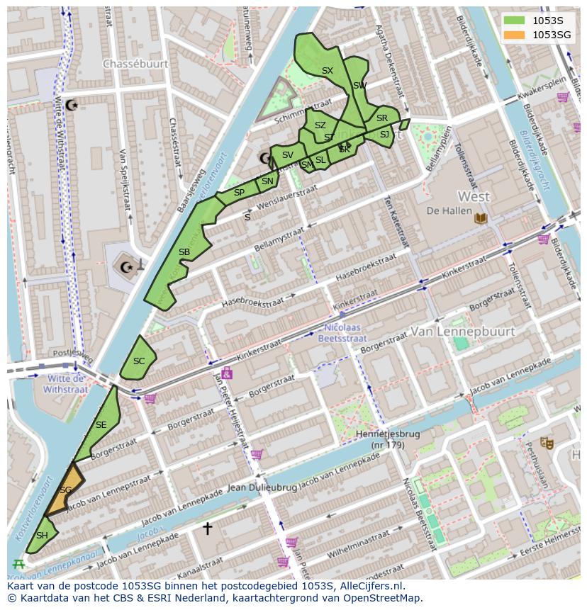 Afbeelding van het postcodegebied 1053 SG op de kaart.