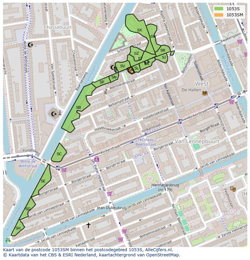 Afbeelding van het postcodegebied 1053 SM op de kaart.