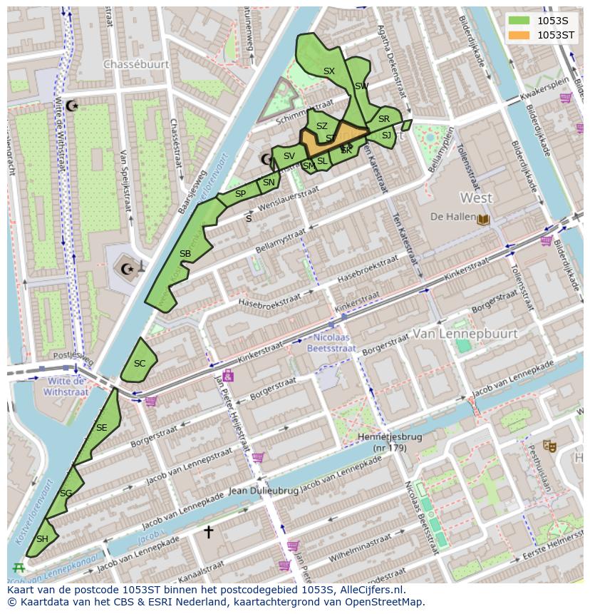 Afbeelding van het postcodegebied 1053 ST op de kaart.