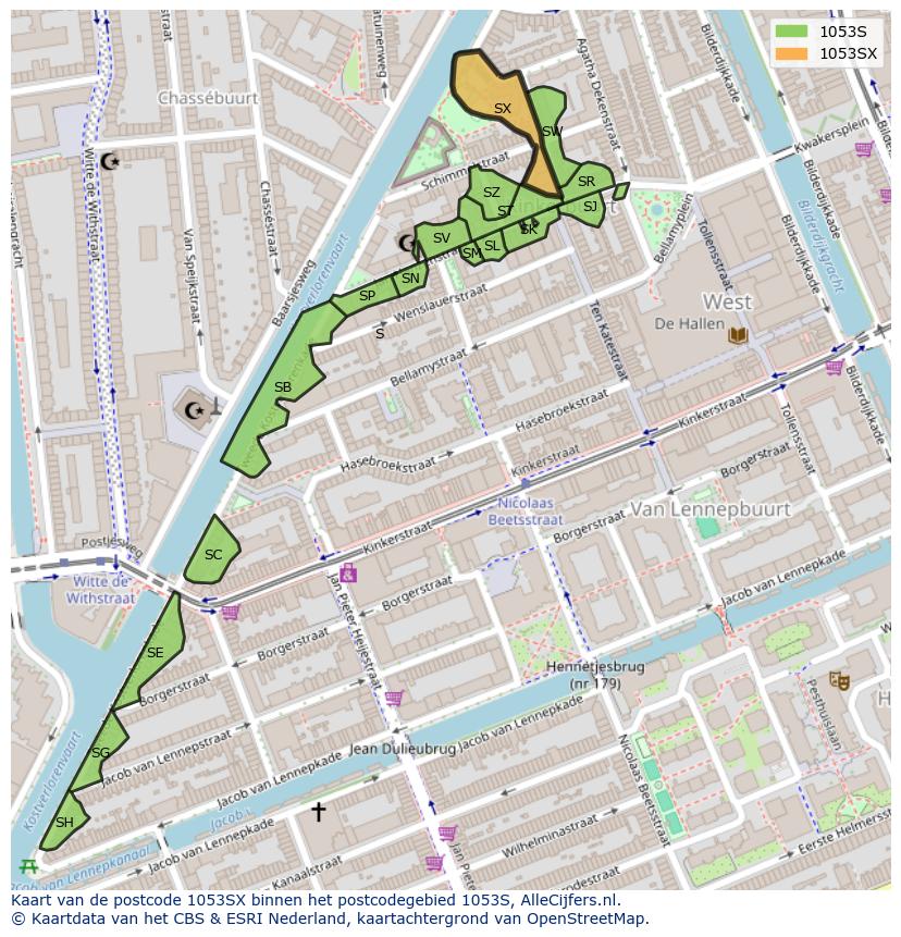 Afbeelding van het postcodegebied 1053 SX op de kaart.