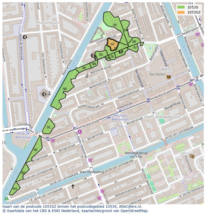 Afbeelding van het postcodegebied 1053 SZ op de kaart.