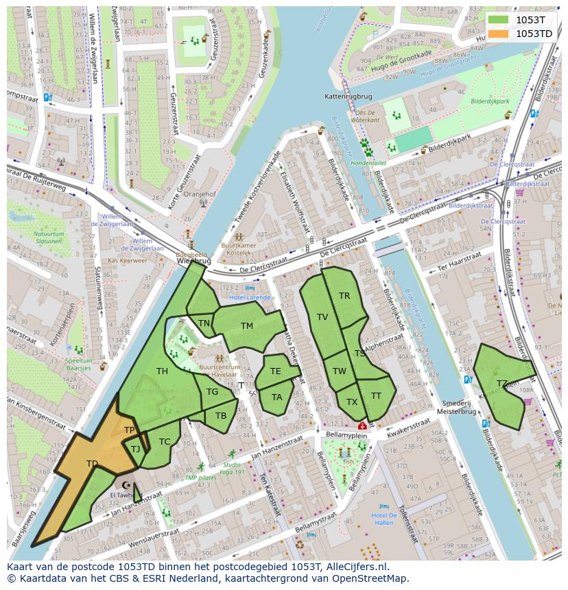 Afbeelding van het postcodegebied 1053 TD op de kaart.