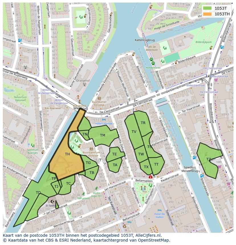Afbeelding van het postcodegebied 1053 TH op de kaart.