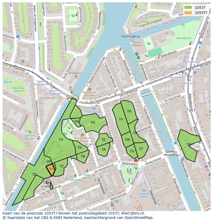 Afbeelding van het postcodegebied 1053 TJ op de kaart.