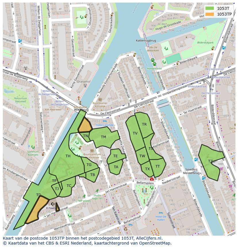 Afbeelding van het postcodegebied 1053 TP op de kaart.