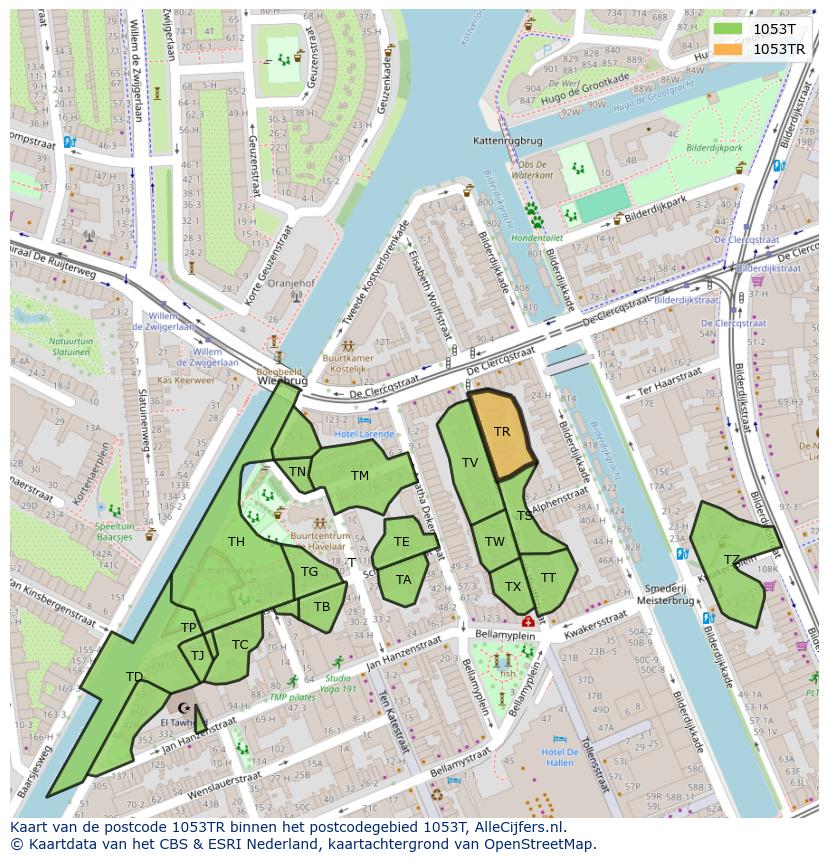 Afbeelding van het postcodegebied 1053 TR op de kaart.