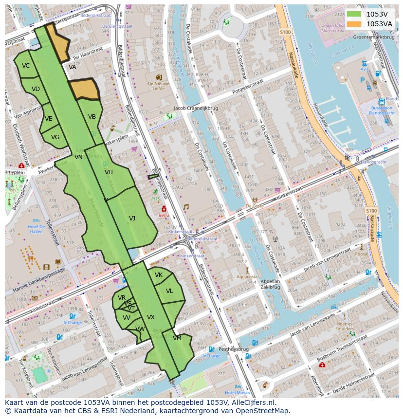 Afbeelding van het postcodegebied 1053 VA op de kaart.