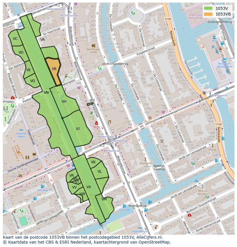 Afbeelding van het postcodegebied 1053 VB op de kaart.