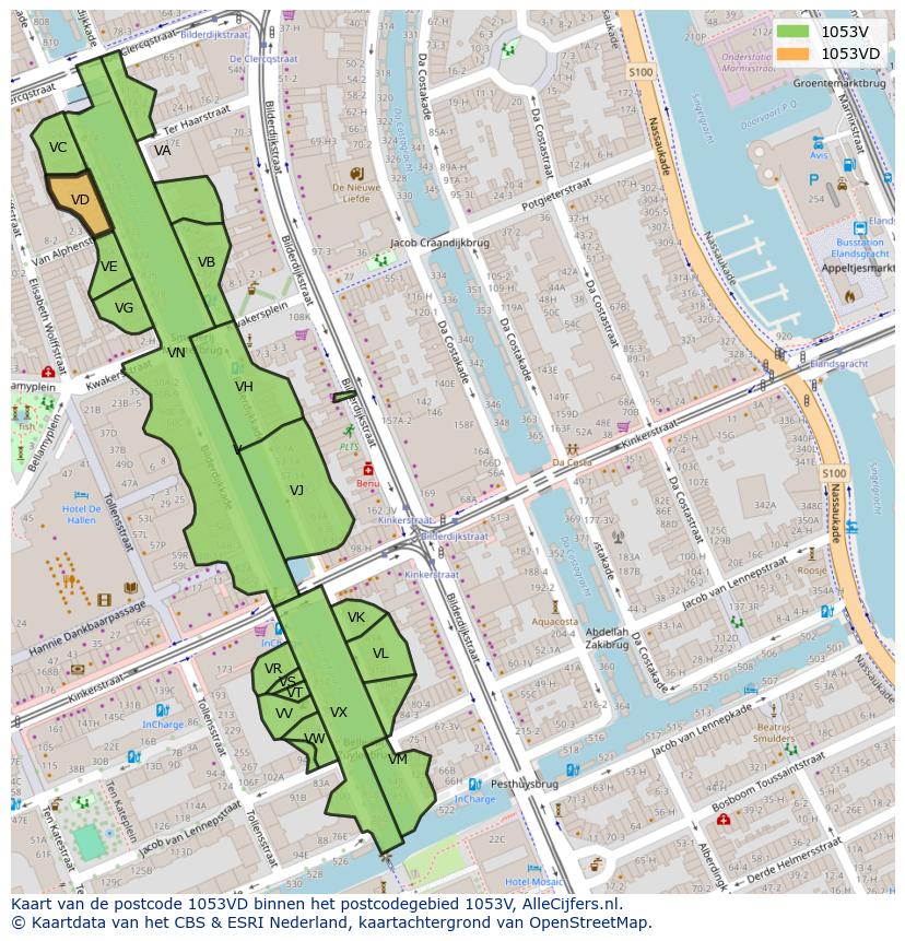 Afbeelding van het postcodegebied 1053 VD op de kaart.