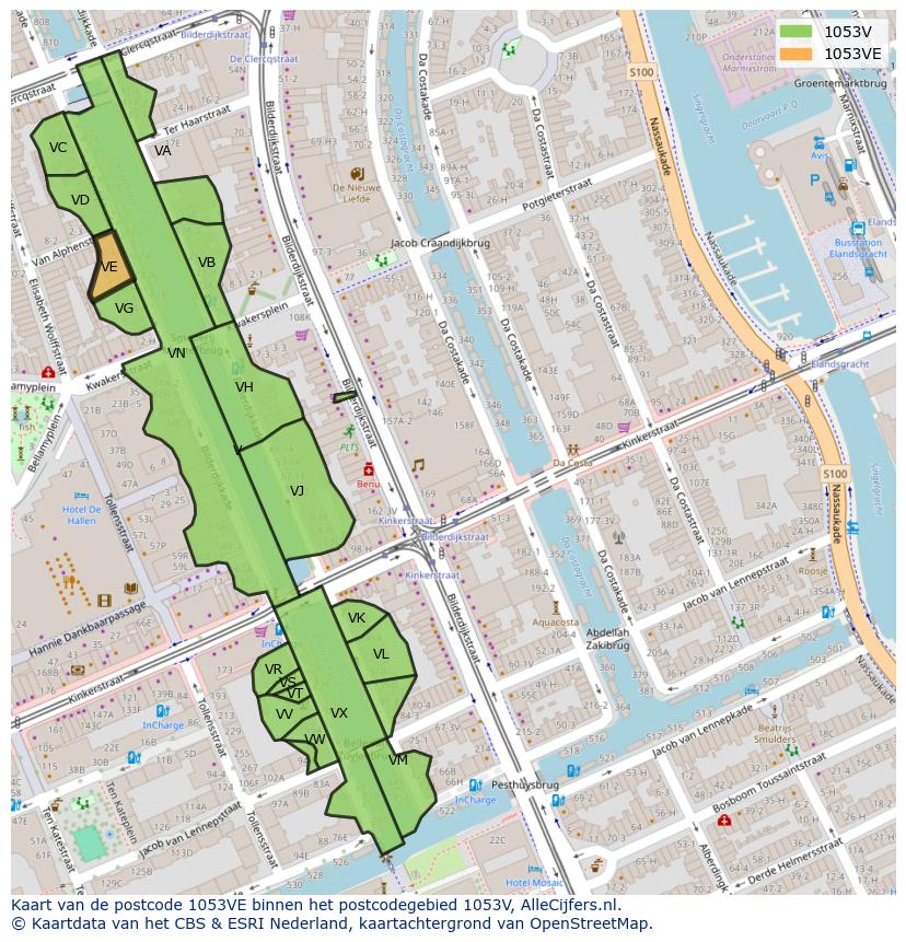 Afbeelding van het postcodegebied 1053 VE op de kaart.