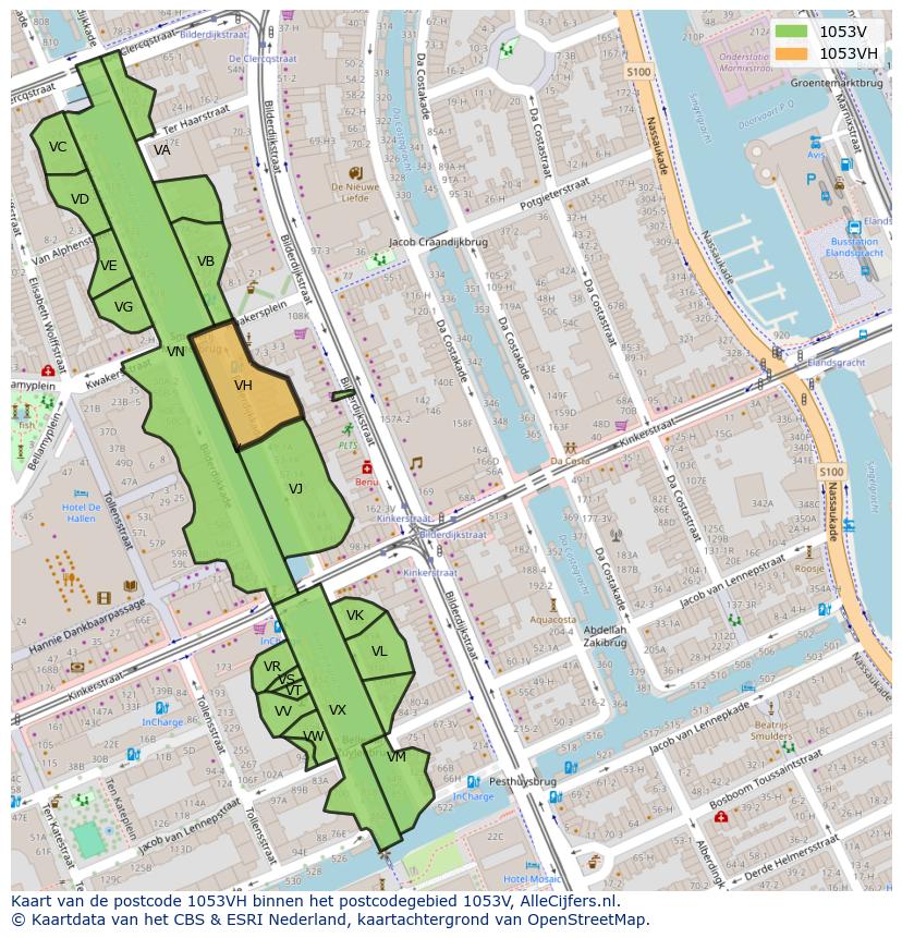 Afbeelding van het postcodegebied 1053 VH op de kaart.