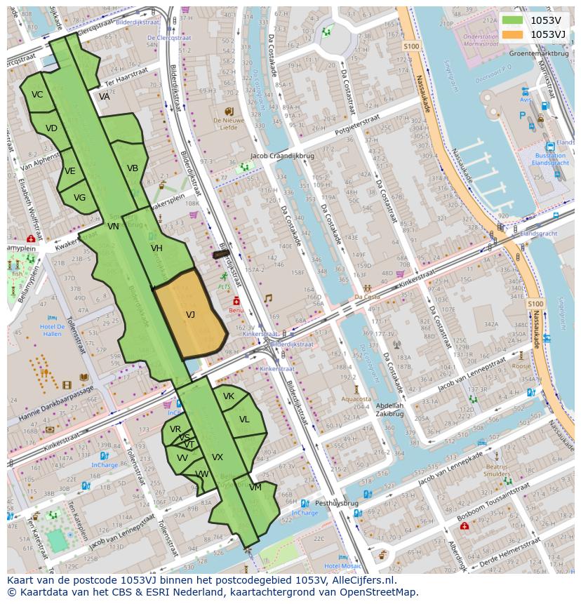 Afbeelding van het postcodegebied 1053 VJ op de kaart.