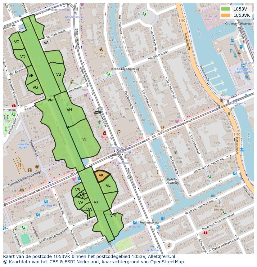 Afbeelding van het postcodegebied 1053 VK op de kaart.