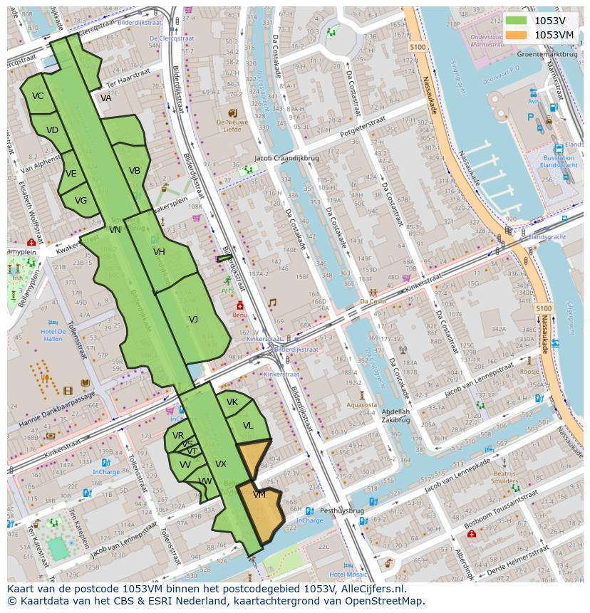 Afbeelding van het postcodegebied 1053 VM op de kaart.