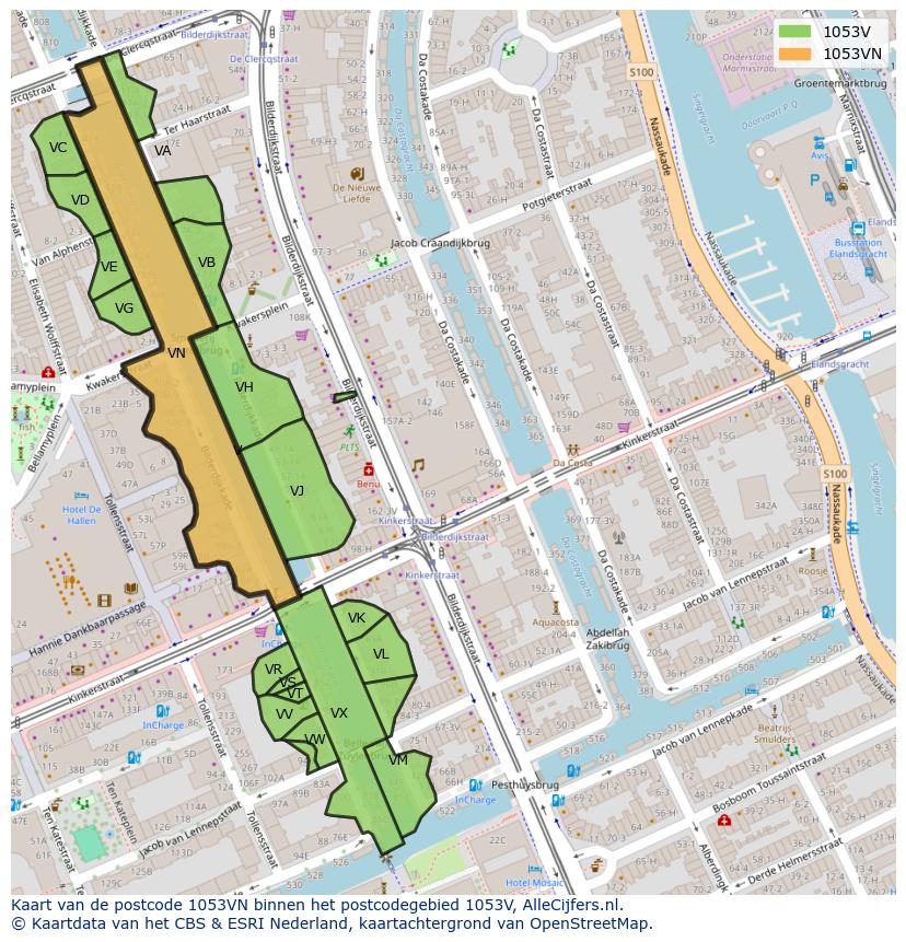 Afbeelding van het postcodegebied 1053 VN op de kaart.