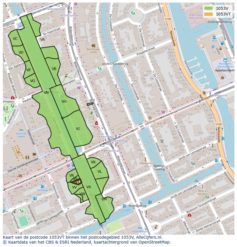 Afbeelding van het postcodegebied 1053 VT op de kaart.
