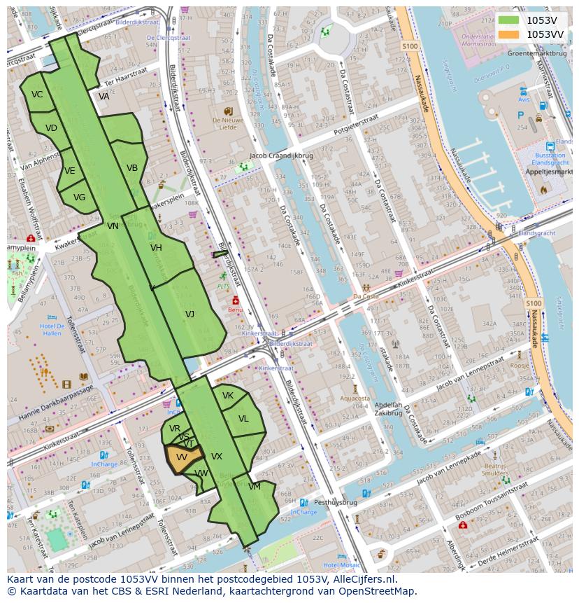 Afbeelding van het postcodegebied 1053 VV op de kaart.
