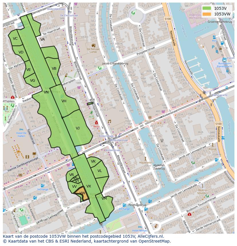 Afbeelding van het postcodegebied 1053 VW op de kaart.
