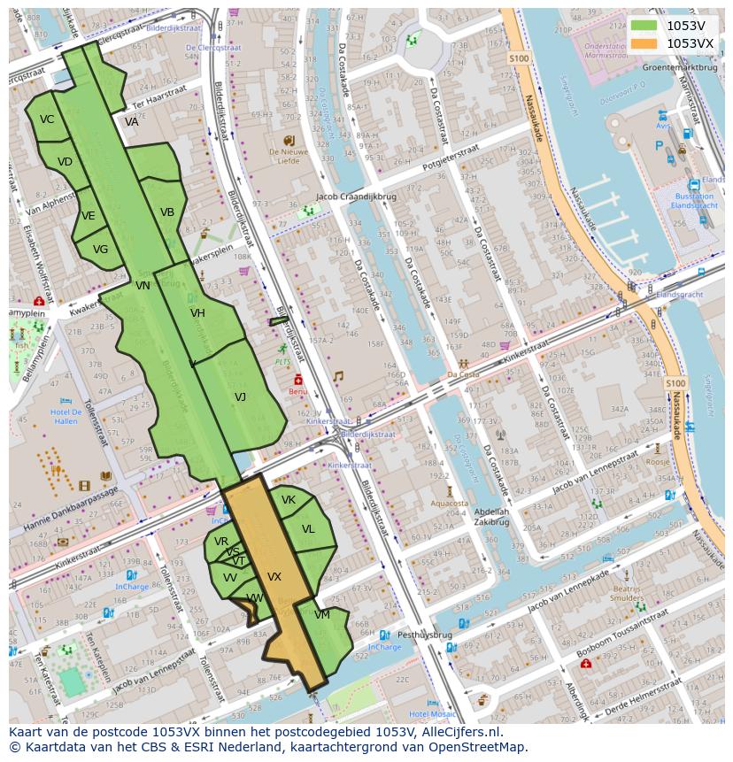 Afbeelding van het postcodegebied 1053 VX op de kaart.