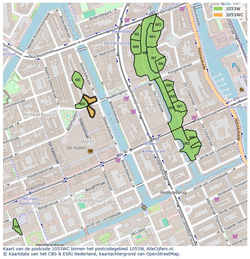 Afbeelding van het postcodegebied 1053 WC op de kaart.