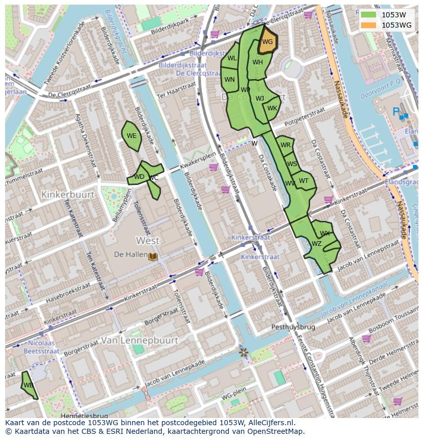 Afbeelding van het postcodegebied 1053 WG op de kaart.