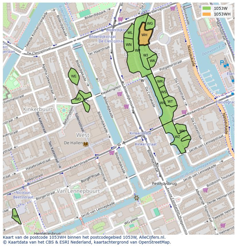 Afbeelding van het postcodegebied 1053 WH op de kaart.