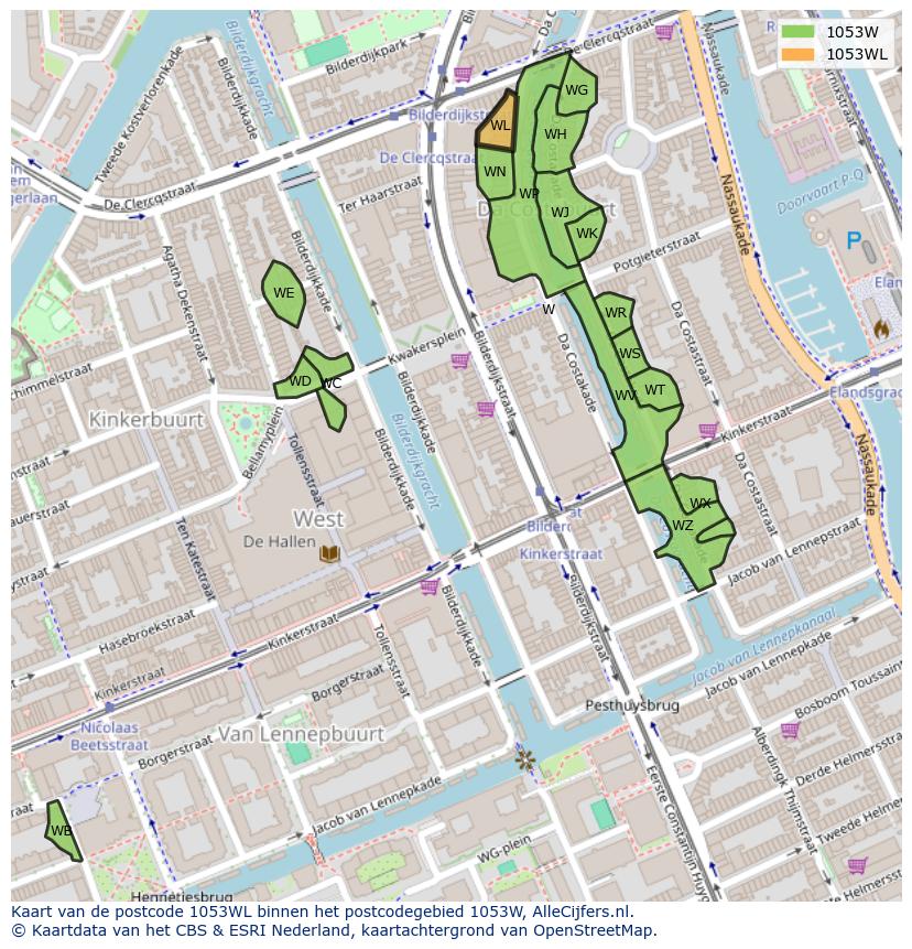Afbeelding van het postcodegebied 1053 WL op de kaart.