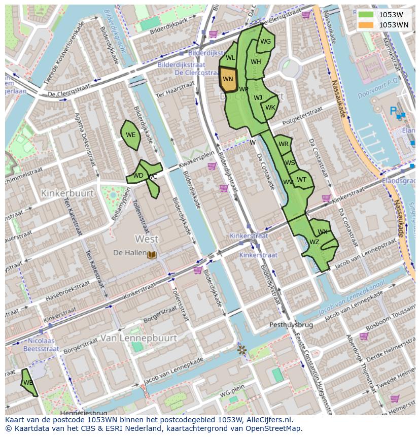 Afbeelding van het postcodegebied 1053 WN op de kaart.