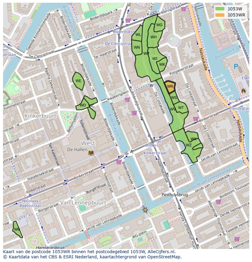 Afbeelding van het postcodegebied 1053 WR op de kaart.