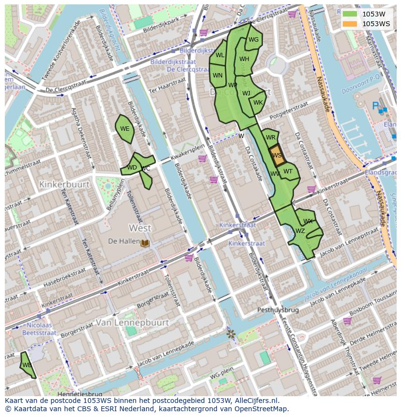 Afbeelding van het postcodegebied 1053 WS op de kaart.