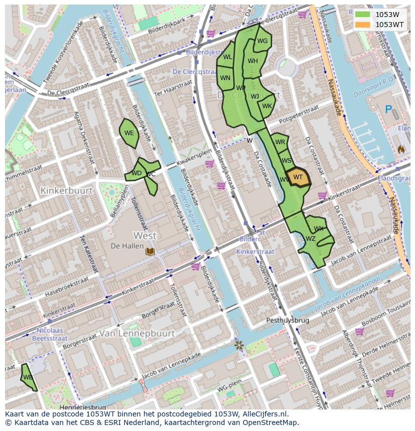 Afbeelding van het postcodegebied 1053 WT op de kaart.