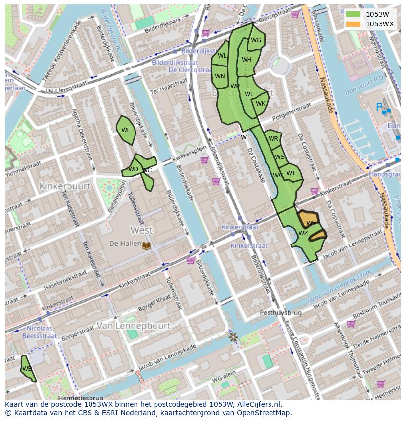 Afbeelding van het postcodegebied 1053 WX op de kaart.